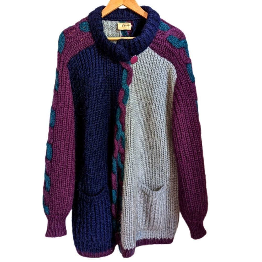 VINTAGE Jewel Tones Wool Open Front Oversized Chunky Cable Knit Cardigan…